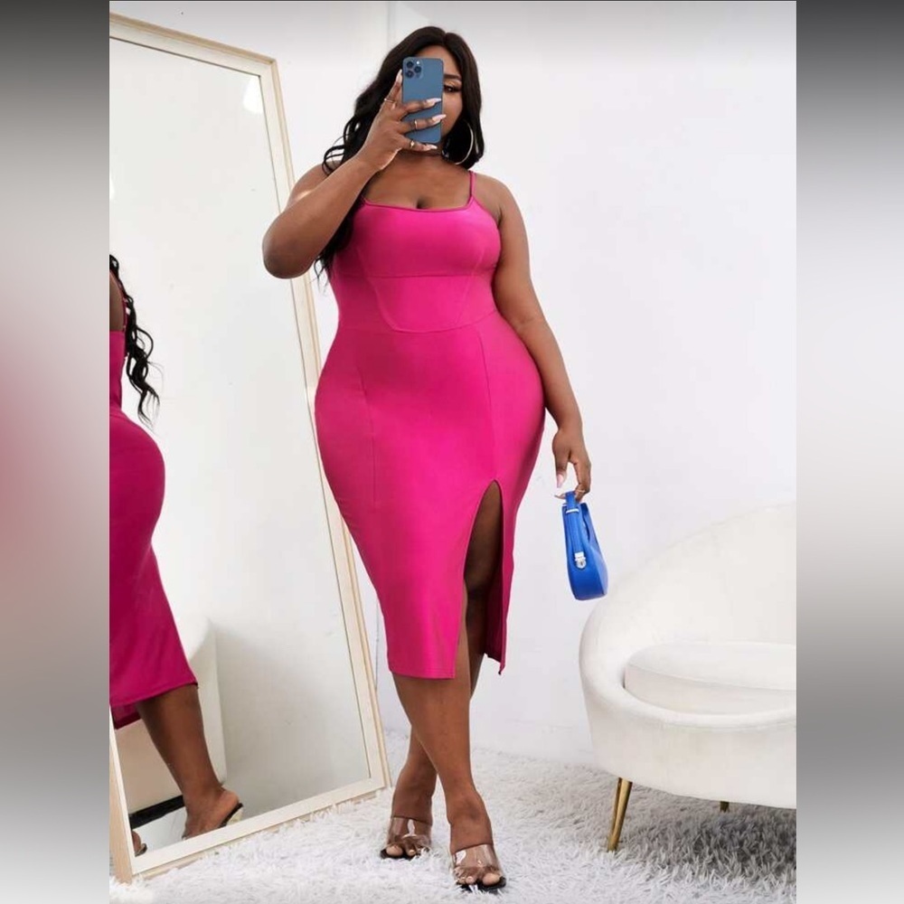 Shein Bodycon Split Thigh Midi Dress Pink Size 1X